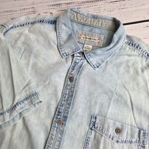 32 Bar Blues Shirt Mens XL Blue Acid Wash Denim Chambray Button Up Pocket Cotton